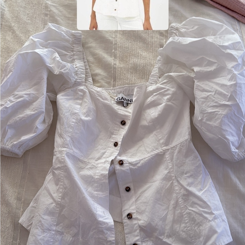 Ganni White Button-Down Puff Sleeve Blouse